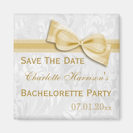 Witte Damast & Nagemaakte Strik Bachelorette Save  Magneet (Voorkant)