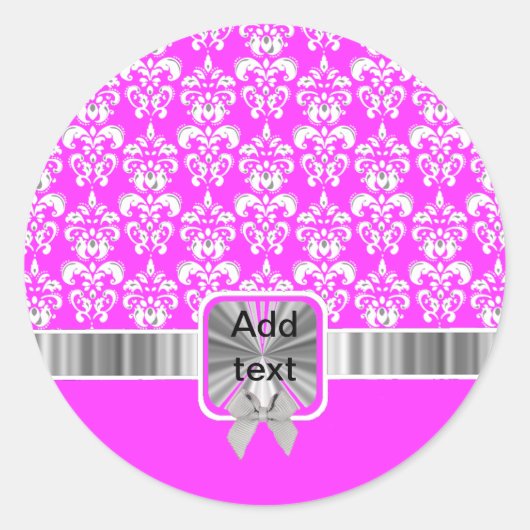 Witte damast op elke kleur ronde sticker (Voorkant)
