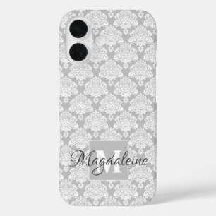 Witte Damast op Grijs Monogram & Naam  iPhone 16 Hoesje