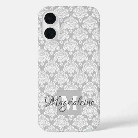 Witte Damast op Grijs Monogram & Naam  Case-Mate iPhone Case (Achterkant)