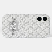 Witte Damast op Grijs Monogram & Naam  Case-Mate iPhone Case (Achterkant (horizontaal))