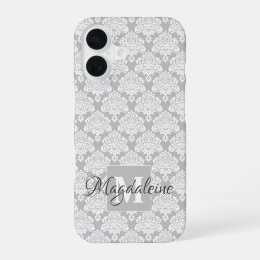 Witte Damast op grijze monogram en mooie naam iPhone 16 Hoesje (Achterkant)