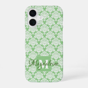 Witte Damast op Groene Monogram & Mooie Naam iPhone 16 Hoesje