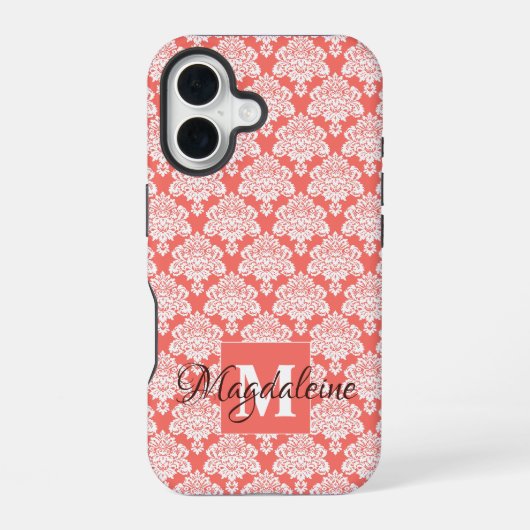 Witte Damast op Koraal Monogram & Naam Mooie iPhone 16 Hoesje (Achterkant)