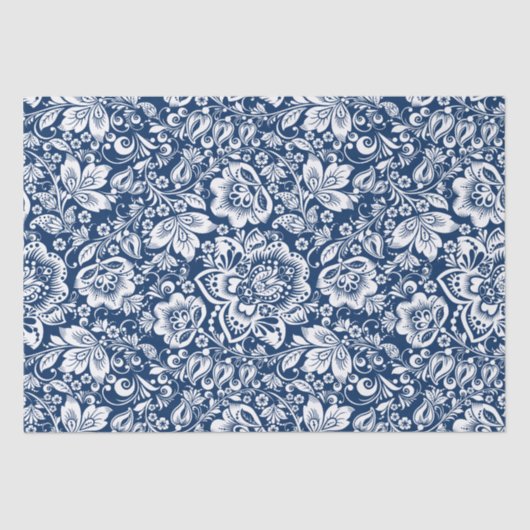Witte  damast op marineblauwe achtergrond tissuepapier (Voorkant)