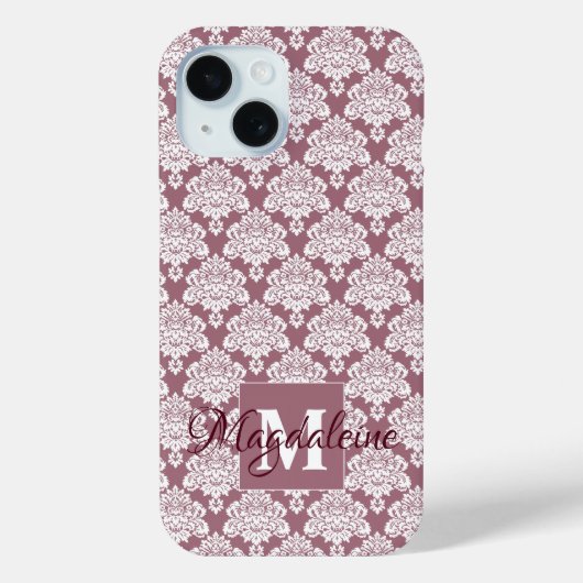 Witte Damast op Mauve Monogram & Naam  Case-Mate iPhone Case (Achterkant)