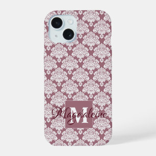 Witte Damast op Mauve Monogram & Naam Mooie iPhone 15 Case