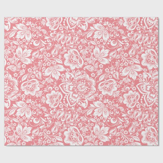 Witte  damast op roze achtergrond cadeaupapier (Vlak)