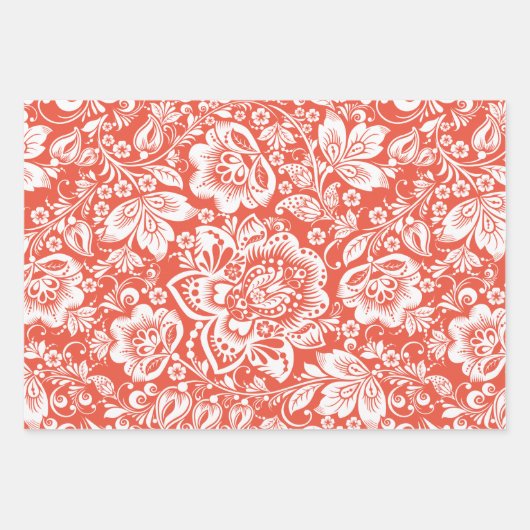 Witte  damast op sinaasappel, paarse en groene inpakpapier vel (Voorkant)