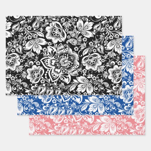 Witte  damast op zwart, blauw en roze inpakpapier vel (Set)