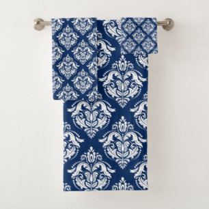 Witte damast patroon aangepaste marine-blauwe acht bad handdoek