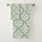 Witte damast patroon aangepaste sage groene achter bad handdoek (Insitu)