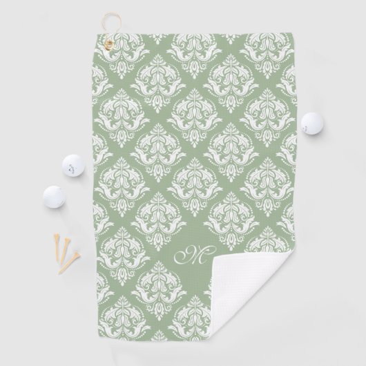 Witte damast patroon aangepaste sage groene achter golfhanddoek (Insitu)