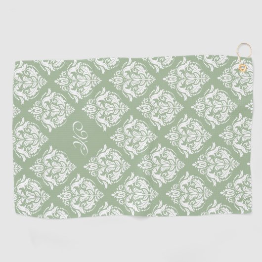 Witte damast patroon aangepaste sage groene achter golfhanddoek (Horizontaal)