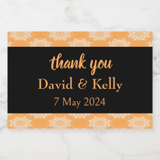 Witte damast perzik bruiloft sparkling wijnetiket (Enkel label)