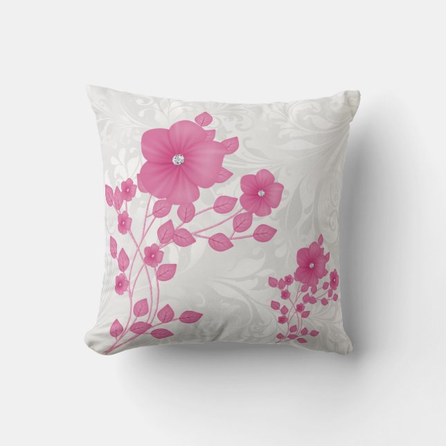 Witte Damast & Roze Bloemen Kussen (Voorkant)