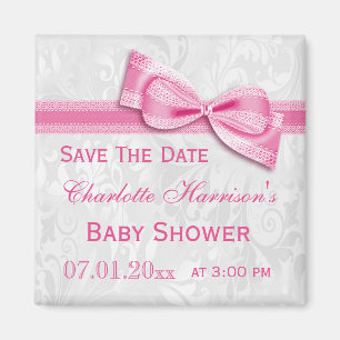 Witte Damast & Roze Strik Baby Shower Bewaar de Da Magneet