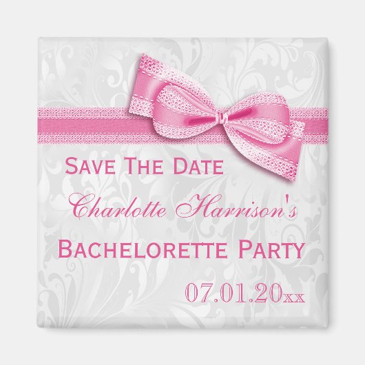 Witte Damast & Roze Strik Bachelorette Save The Da Magneet (Voorkant)