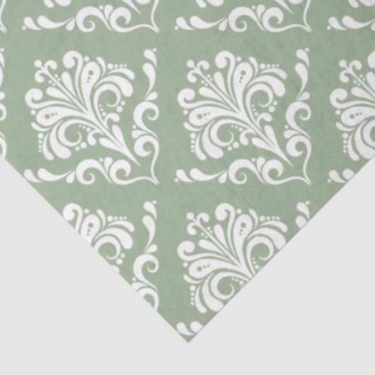 Witte  damast sage groene achtergrond tissuepapier (Detail)