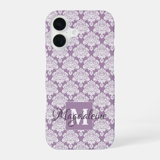 Witte Damast Stof Paarse Monogram & Naam Mooie iPhone 16 Hoesje (Achterkant)