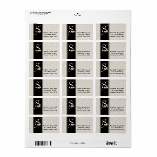 Witte Damast zwanen letter S Monogram Adreslabel Etiket (Full Sheet)