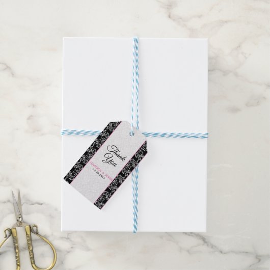 Witte Damast zwarte rand Cadeaulabel (Met Touw)