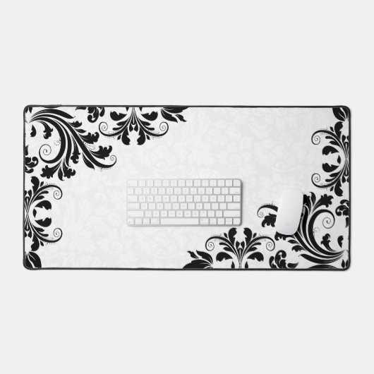 Witte Damast Zwarte Swirls Bureaumat (Keyboard & Muis)