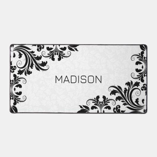 Witte Damast Zwarte Swirls Bureaumat (Voorkant)