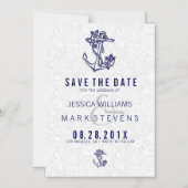 Witte Damasvaten en Blauwe Nautical Floral Anchor Magnetische Uitnodiging (Voorkant)