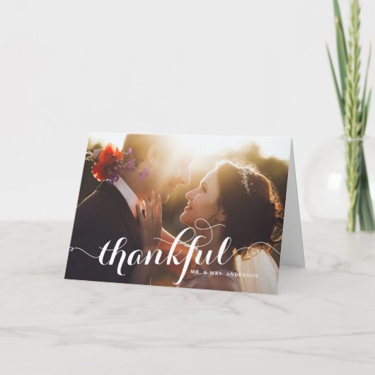 Witte Dankbare Moderne Kalligrafie Fotobruiloft Bedankkaart (Voorkant)