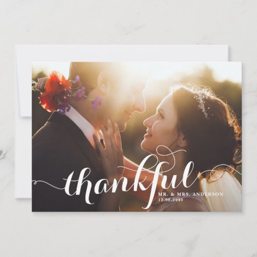 Witte Dankbare Moderne Kalligrafie Fotobruiloft Bedankkaart (Voorkant)