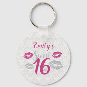 Witte darm en roze en grijze glitter sleutelhanger