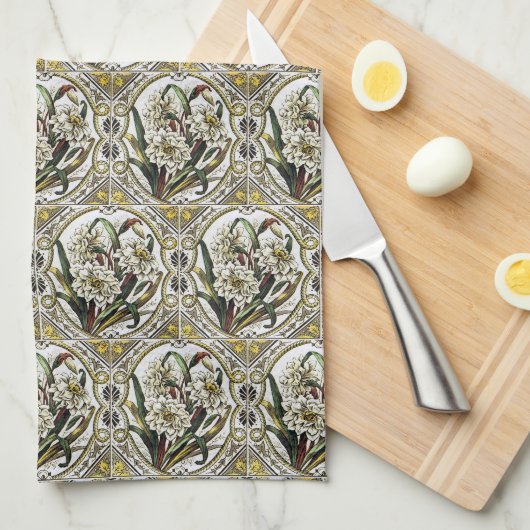 witte deaffodil Tegel Pattern Kitchen Towels Theedoek (Quarter Fold)