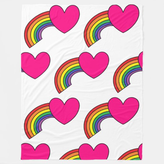 Witte deken met regenbogen en hete roze harten (Voorkant)