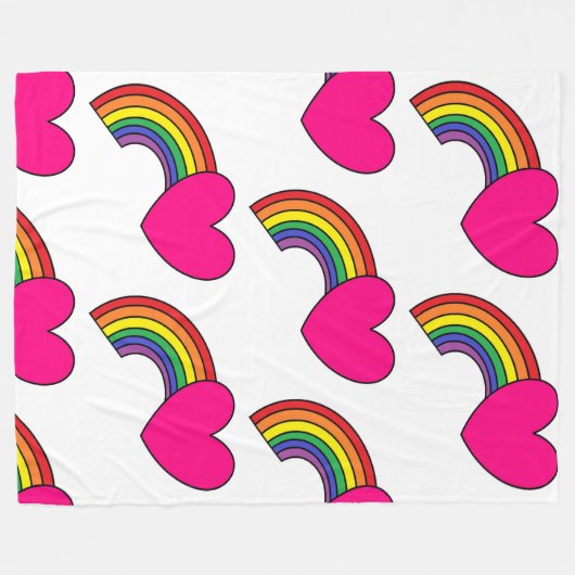 Witte deken met regenbogen en hete roze harten (Voorkant (Horizontaal))