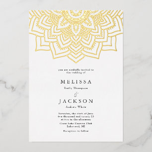 Witte Delicate gouden mandala Huwelijk Folie Uitnodiging