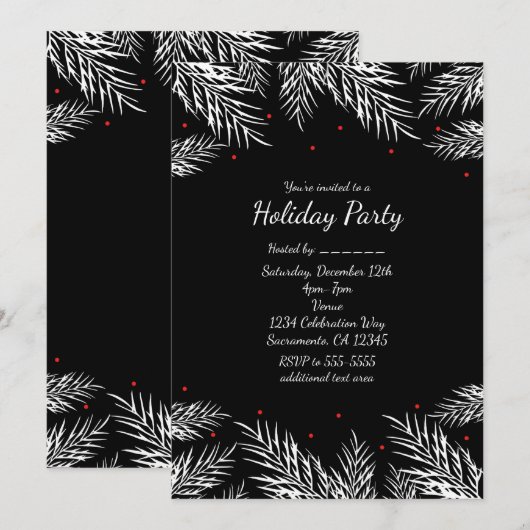 Witte dennen & rode bessen Zwarte Kerst uitnodigin Kaart (Voorkant / Achterkant)