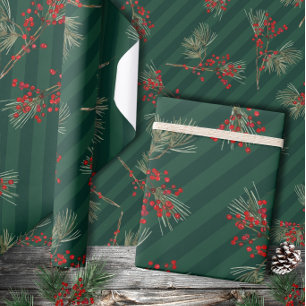 Witte Dennen Tak Ilex Bessen Smaragdgroen Cadeaupapier