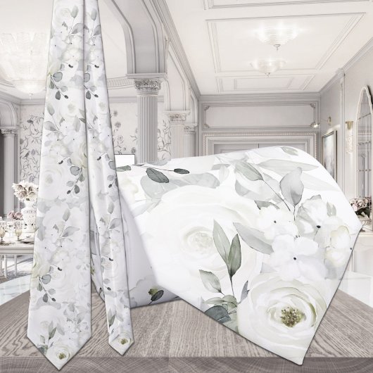 Witte Desdemona Roos Zilveren Eucalyptus Bruiloft Stropdas