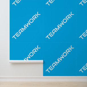 Witte diagonale TEAMWORK-tekst op azuurblauw Behang