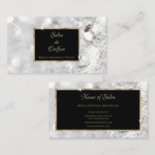 Witte Diamant Glitter Zwart en Goud Haar Salon Visitekaartje (Voorkant / Achterkant)
