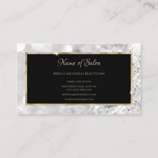 Witte Diamant Glitter Zwart en Goud Haar Salon Visitekaartje (Achterkant)