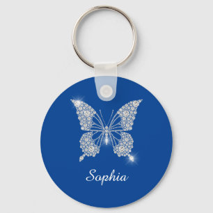 Witte Diamant Vlinder, DIY Naam, Diepblauw Sleutelhanger