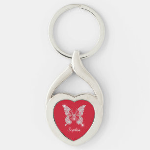 Witte Diamant Vlinder, Script naam, Diep Rood Sleutelhanger