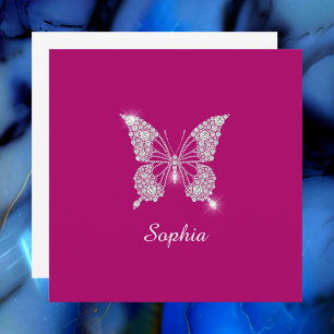 Witte Diamant Vlinder, Script Naam, Diepe Fuchsia Kaart