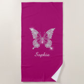 Witte Diamant Vlinder, Script Naam, Diepe Fuchsia Strandlaken (Voorkant)