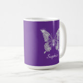 Witte Diamant Vlinder, Script Naam, Paars Koffiemok (Voorkant rechts)