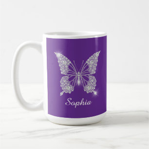 Witte Diamant Vlinder, Script Naam, Paars Koffiemok