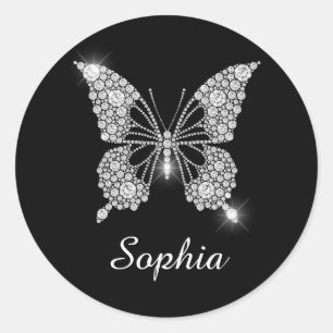 Witte Diamant Vlinder, Witte Script Naam, Ronde Sticker