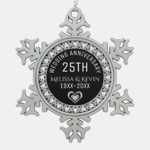 Witte Diamanten 25e Bruiloft Jubileum Sjabloon Tin Sneeuwvlok Ornament
